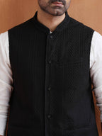 trueBrowns Men's Black Textured Cotton Dobby Nehru Jacket | Grocsy
