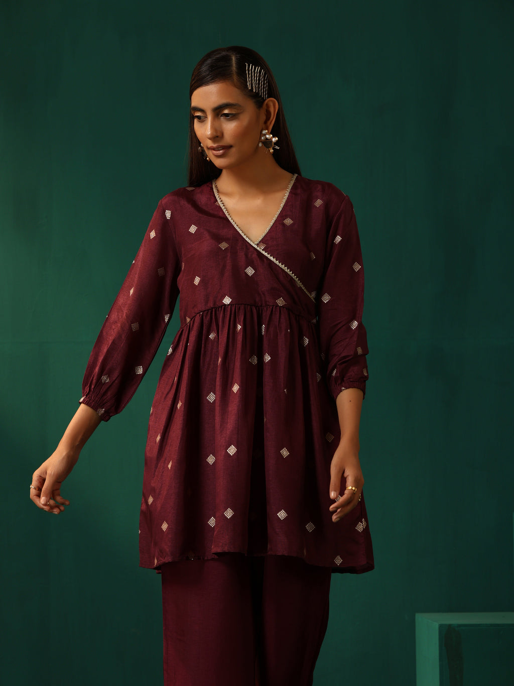 trueBrowns Wine Diamond Viscose Silk Waist Gathered Co-ord Set | Grocsy