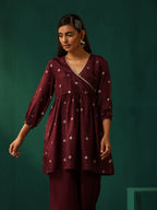 trueBrowns Wine Diamond Viscose Silk Waist Gathered Co-ord Set | Grocsy