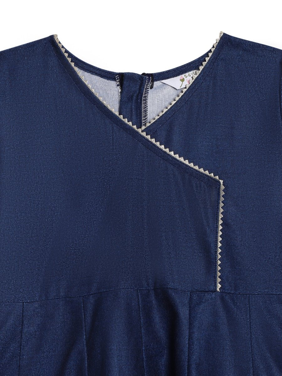 Ahalyaa Girls Navy Blue Velvet Angrakha Gotta Patti Kids Kurta with Palazzos | Grocsy