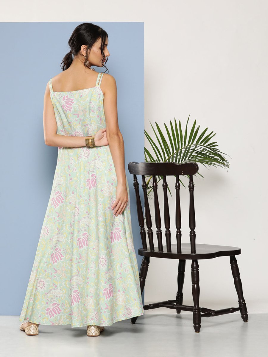 Ahalyaa Women Sea Green Floral Printed Empire Gotta Patti Kurta with Trousers | Grocsy