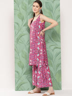 InWeave Women's Magenta Camelia Print Crepe Kurta Set | Grocsy