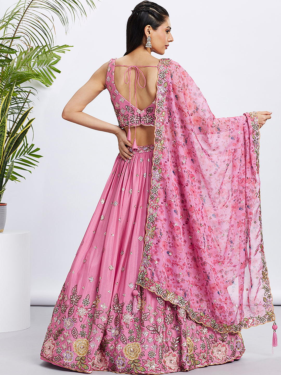 House of Panchhi Lime Green Chiffon Sequins And Thread Embroidery Lehenga Choli & Dupatta | Grocsy