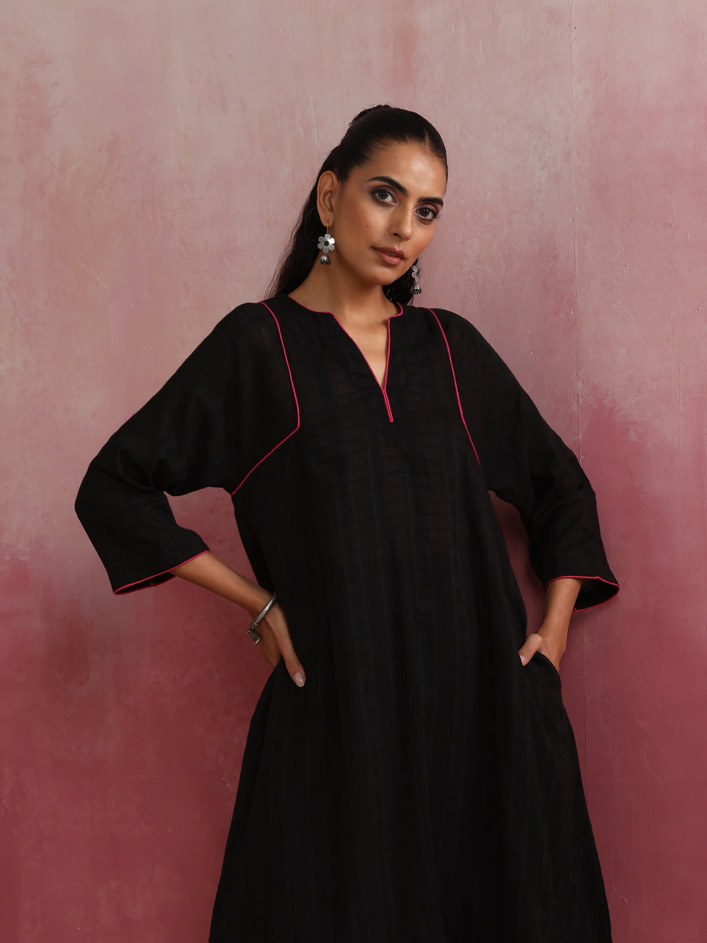 trueBrowns Black Cotton Dobby Kurta Co-ord set | Grocsy