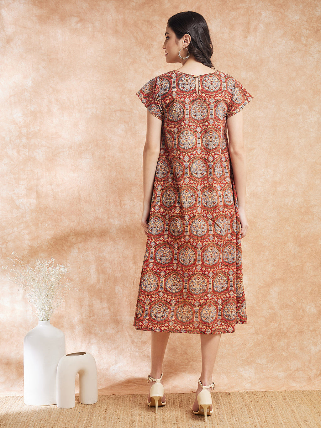 InWeave Women's Maroon Mughal Kalamkari A Line Dress | Grocsy