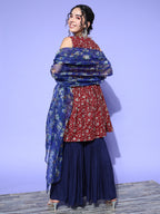 InWeave Women's Burgundy Printed Kurta Sharara Set With Blue Organza Dupatta | Grocsy