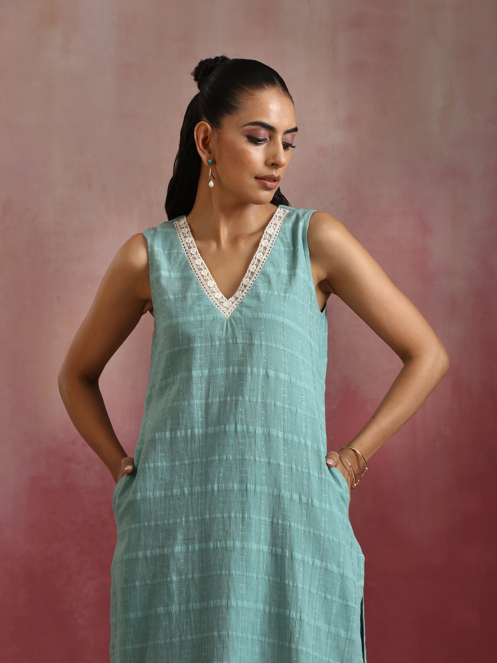 trueBrowns Aqua Blue Cotton Dobby High low Kurta Set | Grocsy
