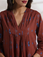 trueBrowns Brown Cotton Print Pleated Top & Pants Co-ord Set | Grocsy