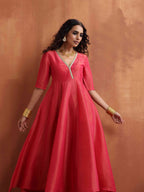 trueBrowns Hot Pink Tissue Flared Anarkali Kurta Set | Grocsy