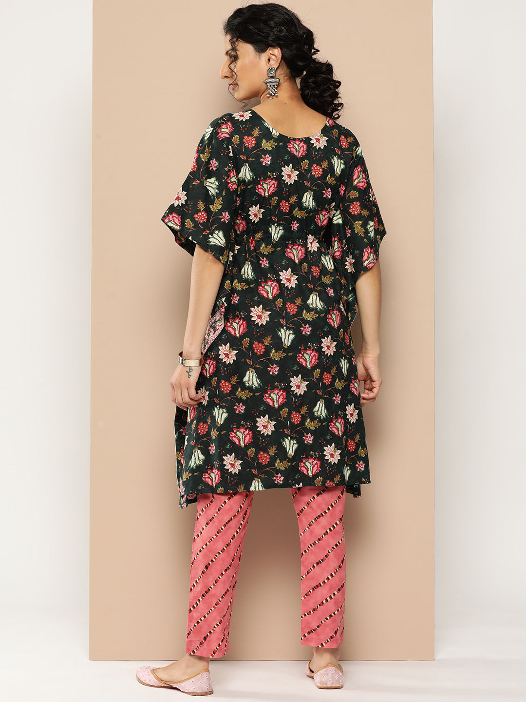 KSUT (House of Varanga) Green And Peach Floral Print Kaftan Trouser Set. | Grocsy
