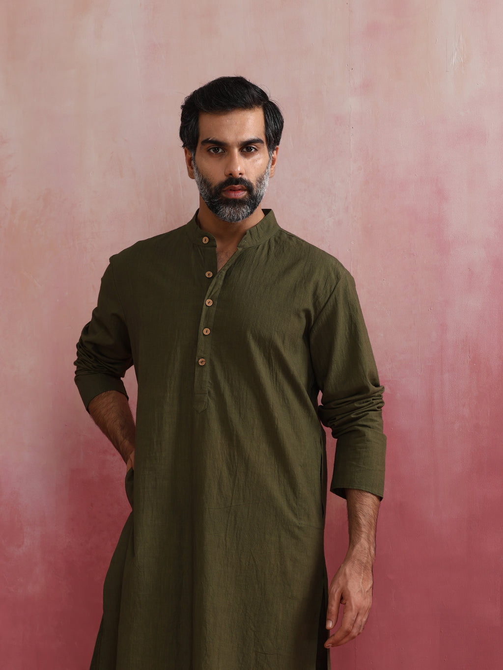 trueBrowns Men's Olive green Mandarin Collar Kurta | Grocsy