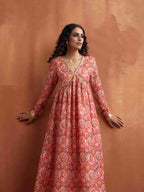 trueBrowns Beige Print Flared Anarkali Kurta Set | Grocsy
