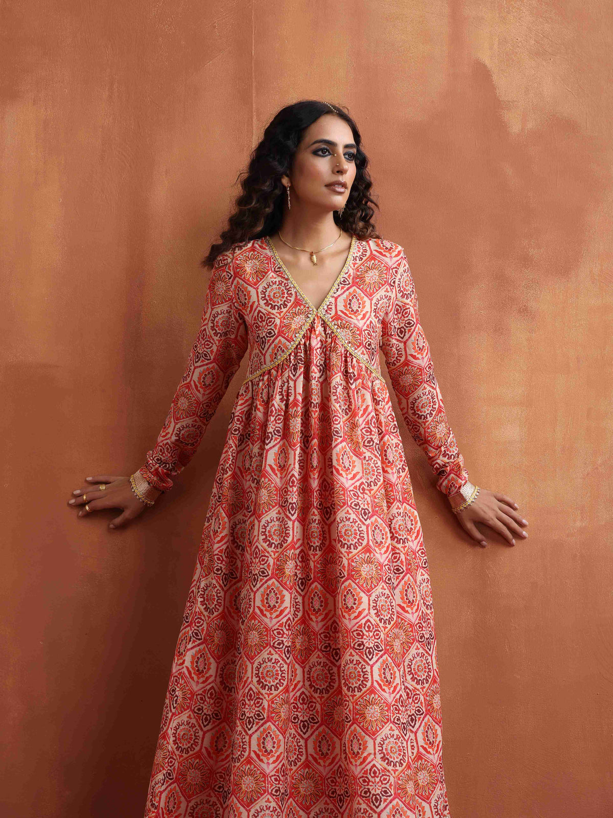 trueBrowns Beige Print Flared Anarkali Kurta Set | Grocsy
