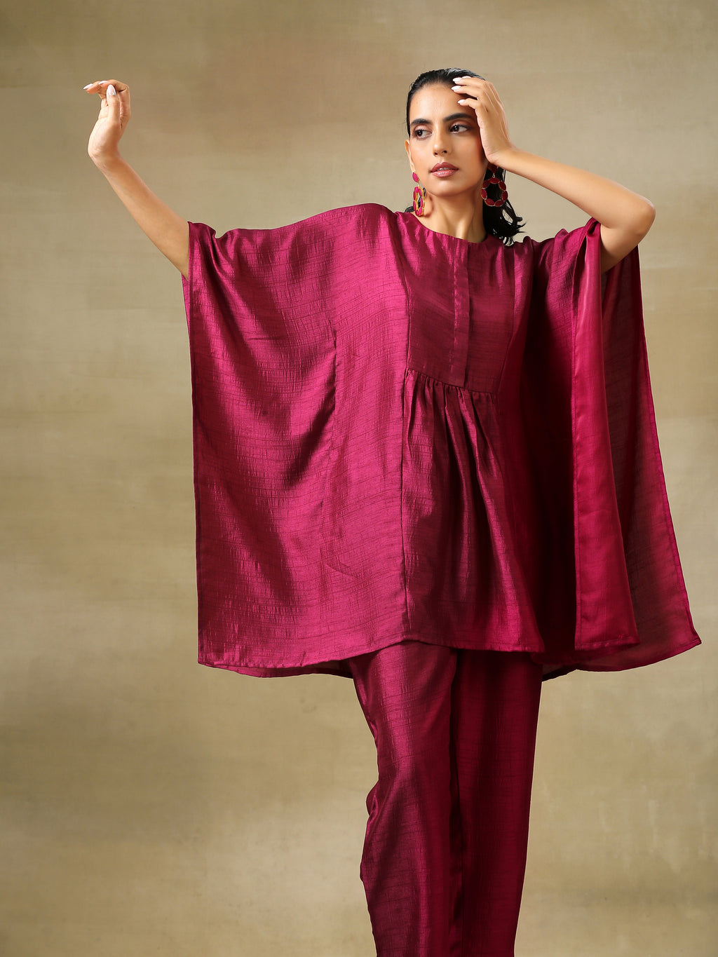 trueBrowns Purple Textured Silk Gathered Kaftan Co-Ord Set | Grocsy
