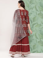 InWeave Women's Brick Rust Boota Sharara Set With Dupatta | Grocsy