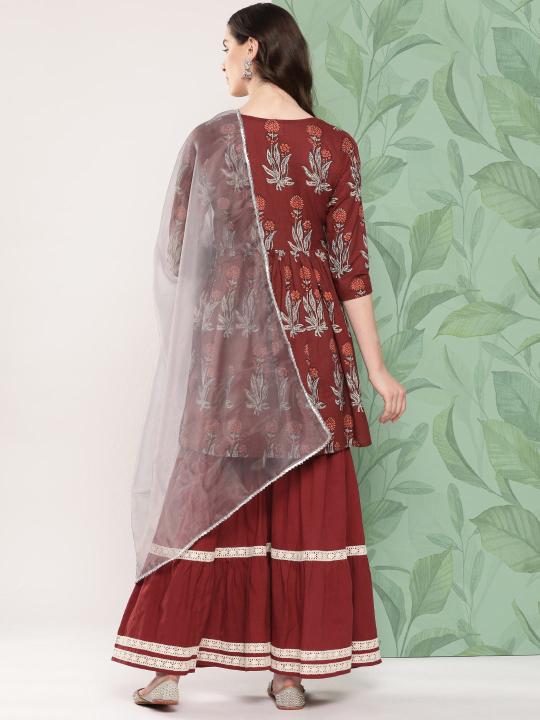 InWeave Women's Brick Rust Boota Sharara Set With Dupatta | Grocsy