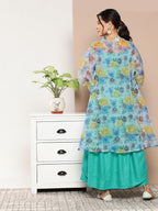 InWeave Women's Teal Blue Strappy Set With Blue Yellow Floral Cape | Grocsy