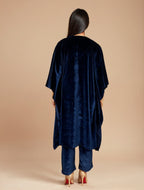 trueBrowns Navy Blue Velvet Embroidered Kaftan Kurta Set | Grocsy