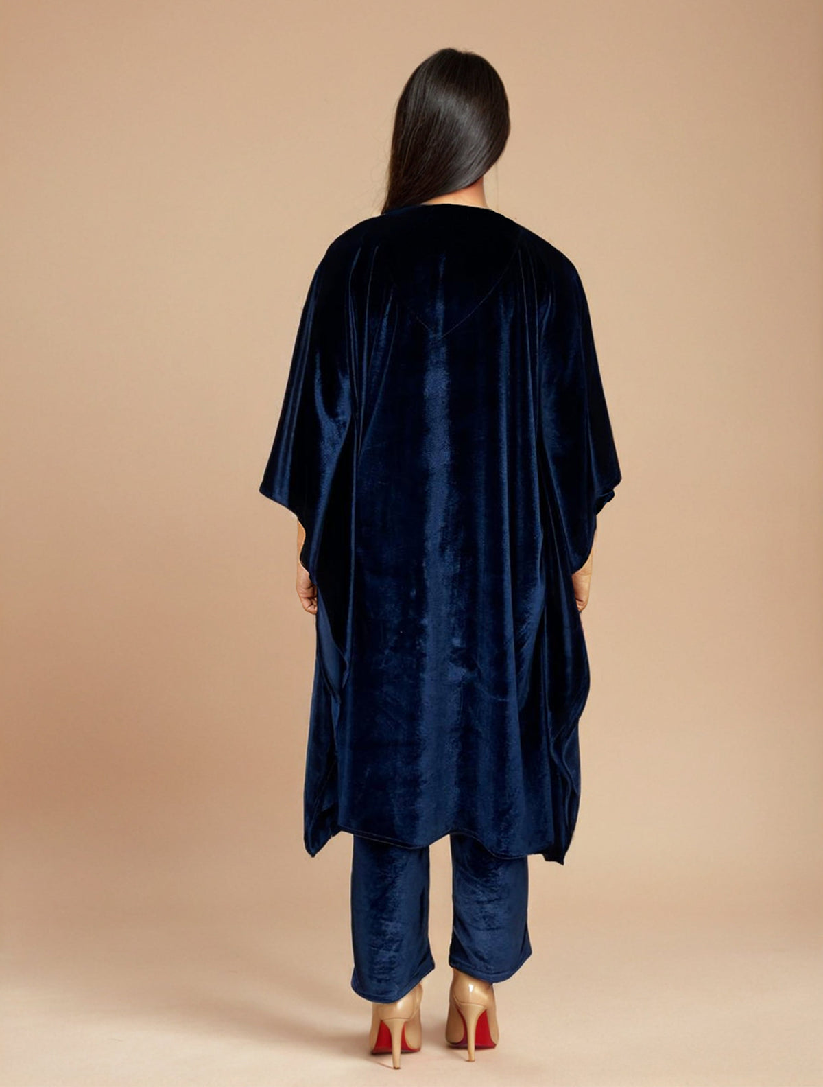 trueBrowns Navy Blue Velvet Embroidered Kaftan Kurta Set | Grocsy
