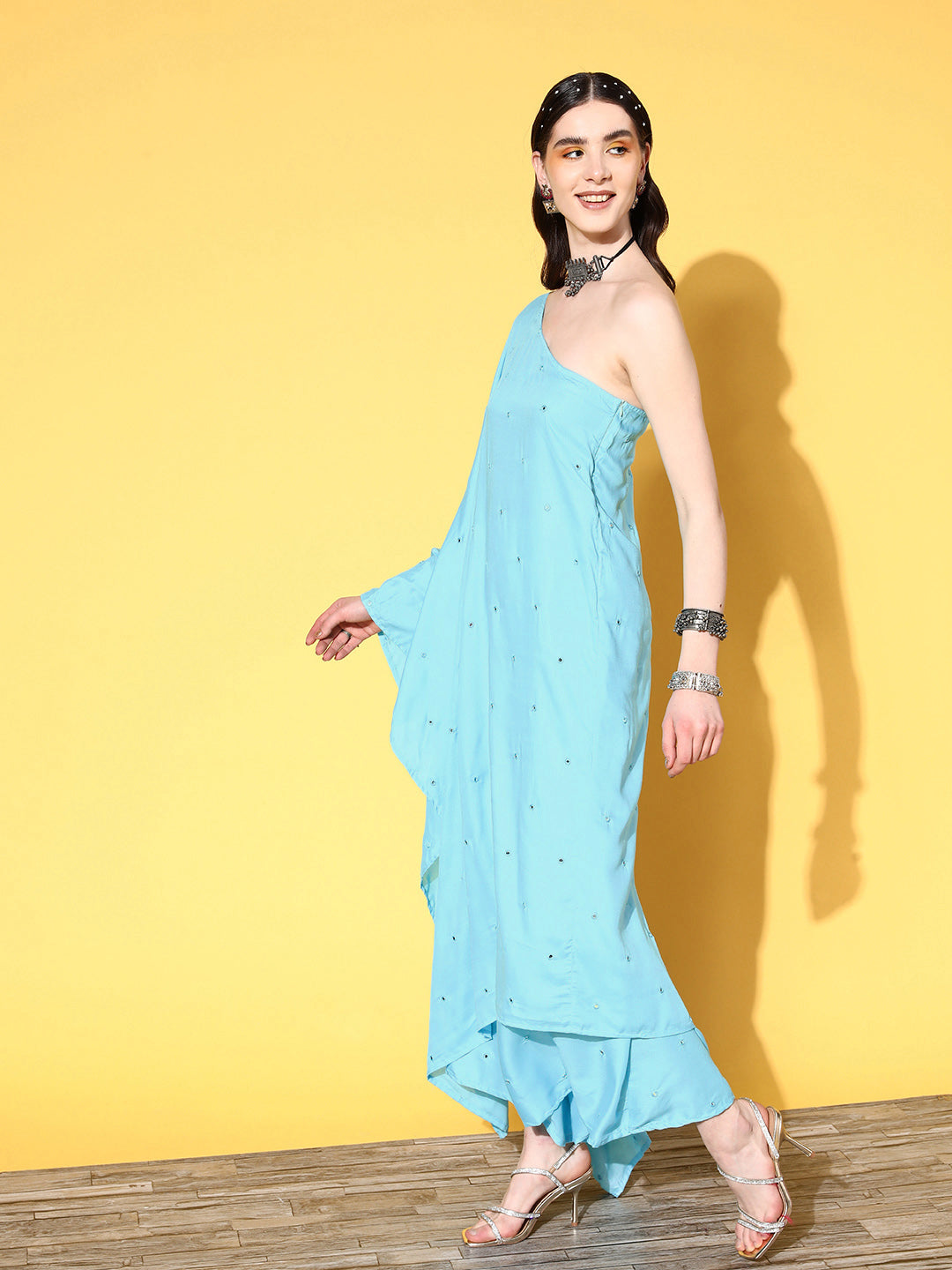 InWeave Women's Sky Blue Mirror Work One Shoulder Kurta Set With Dupatta | Grocsy
