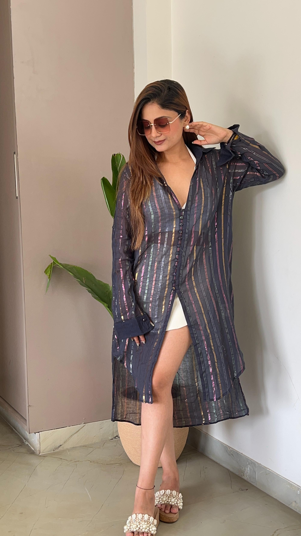 Noroke Organic Cotton Multi Color Lurex Beachwear Shirt | Grocsy