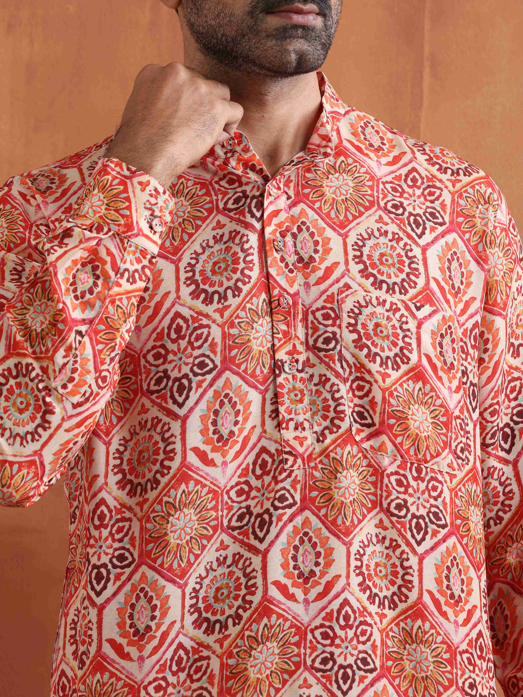 trueBrowns Men's Beige Printed Short Kurta | Grocsy