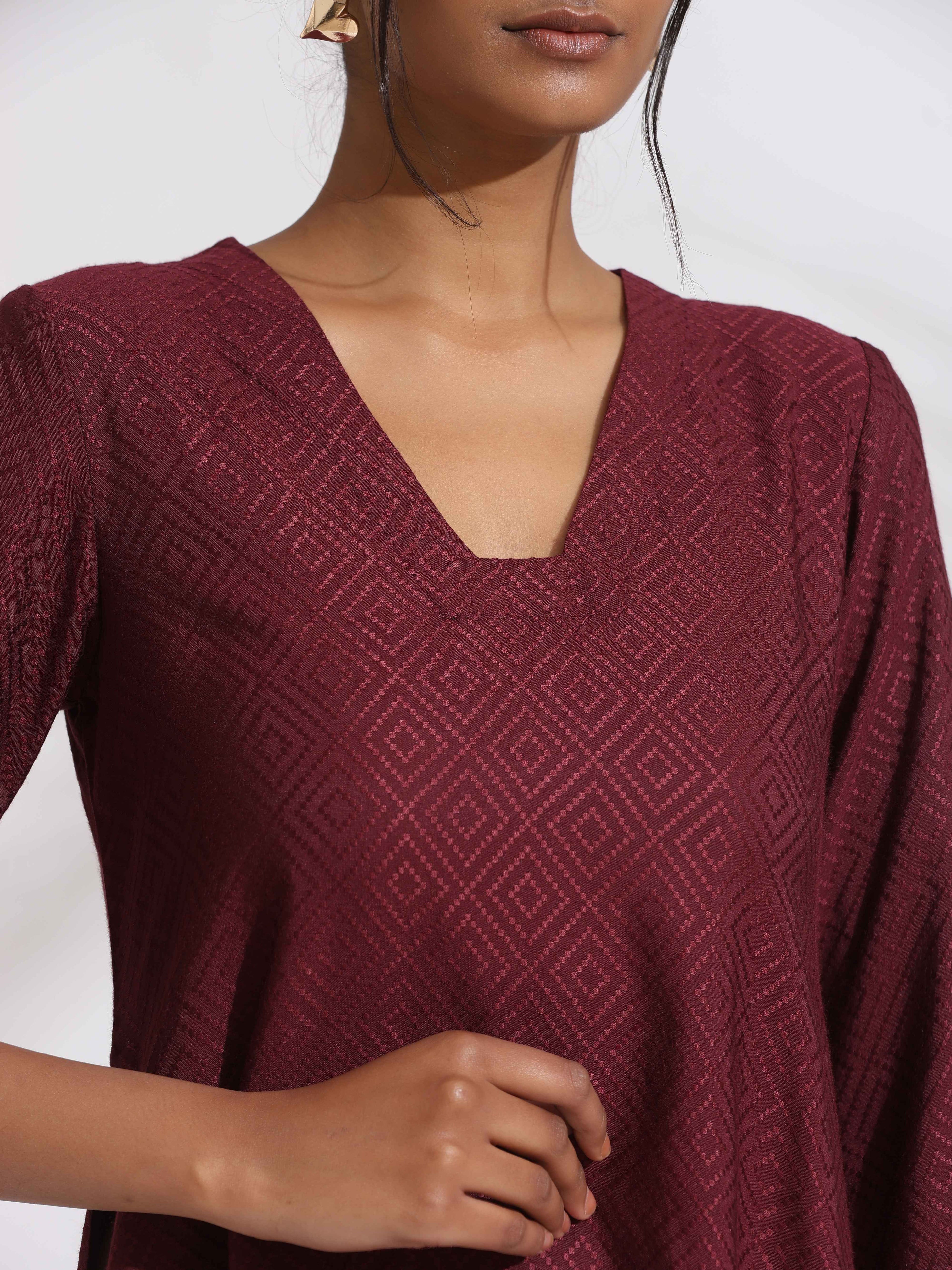 trueBrowns Maroon Dobby Kurta Set | Grocsy