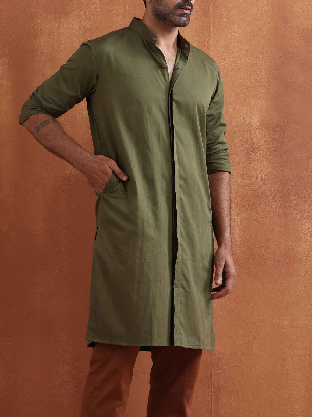 trueBrowns Men's Olive Green Cotton Front Open Kurta | Grocsy