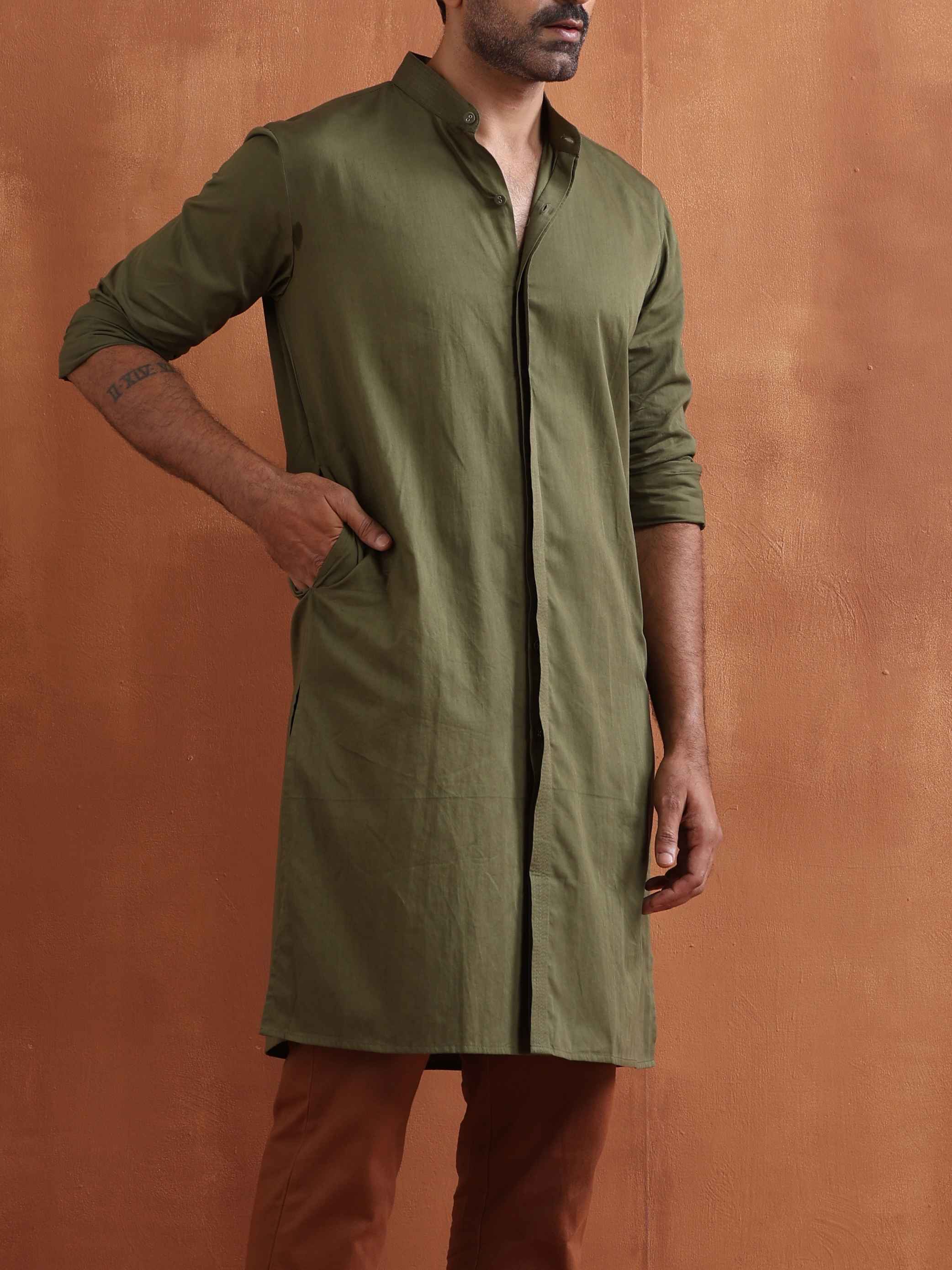 trueBrowns Men's Olive Green Cotton Front Open Kurta | Grocsy