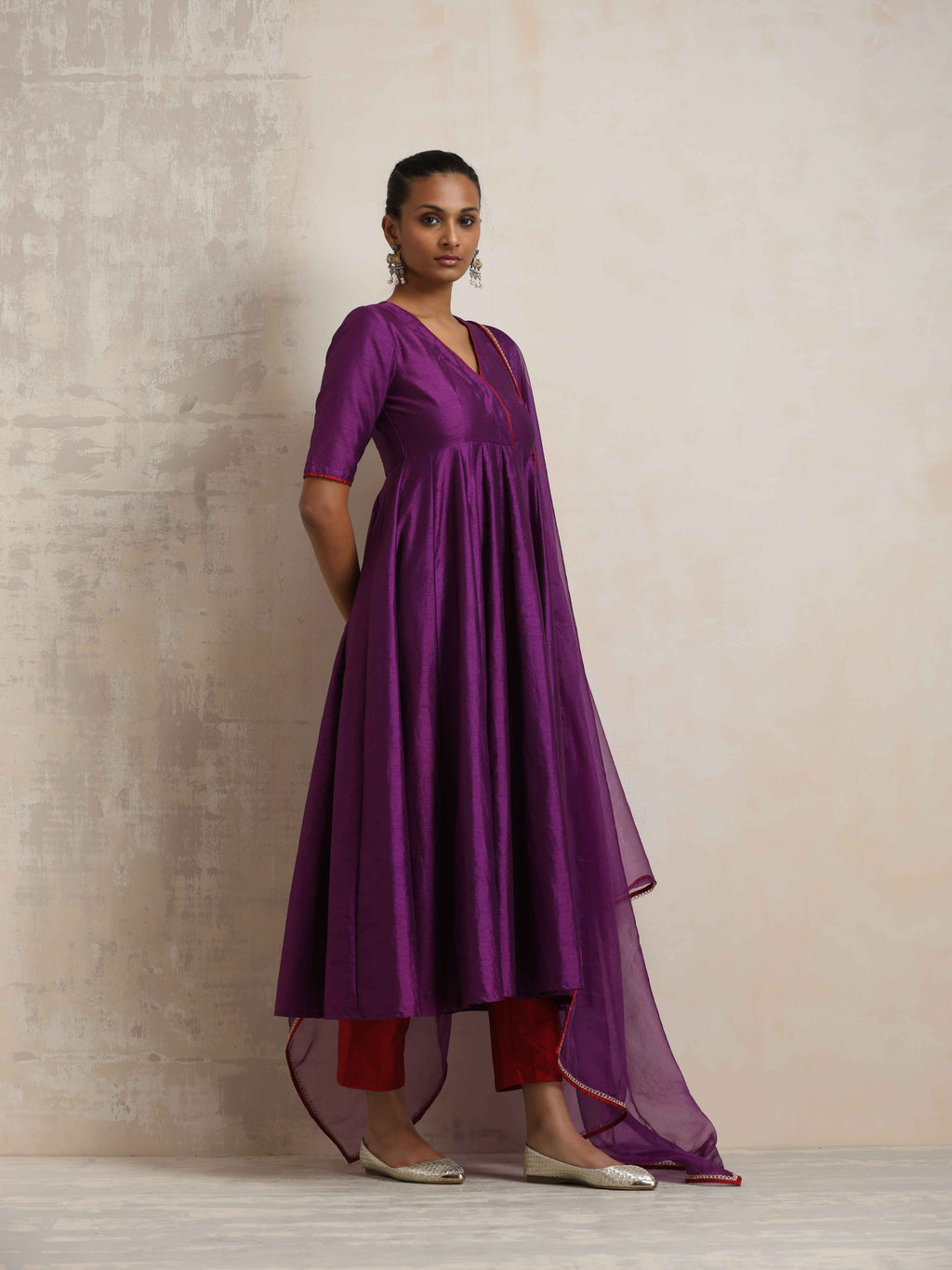trueBrowns Purple Silk Anarkali Kurta Pant Dupatta Set | Grocsy