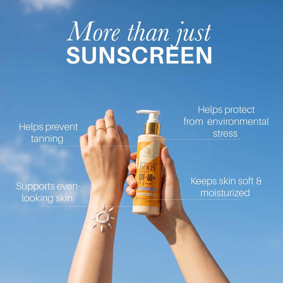 Velleja 2-in-1 Sunscreen Body Lotion SPF 50 PA++++ with 5% Niacinamide & Ceramides | Grocsy