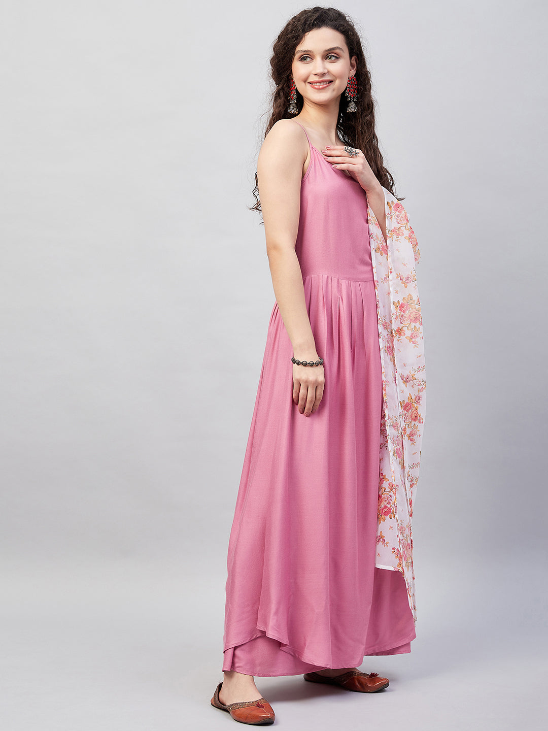 InWeave Women's Light Pink Strappy Set W Cream Orange Print Ge Dupatta | Grocsy