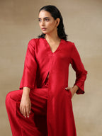 trueBrowns Maroon Textured Silk Front Slit Kurta Pant Set | Grocsy