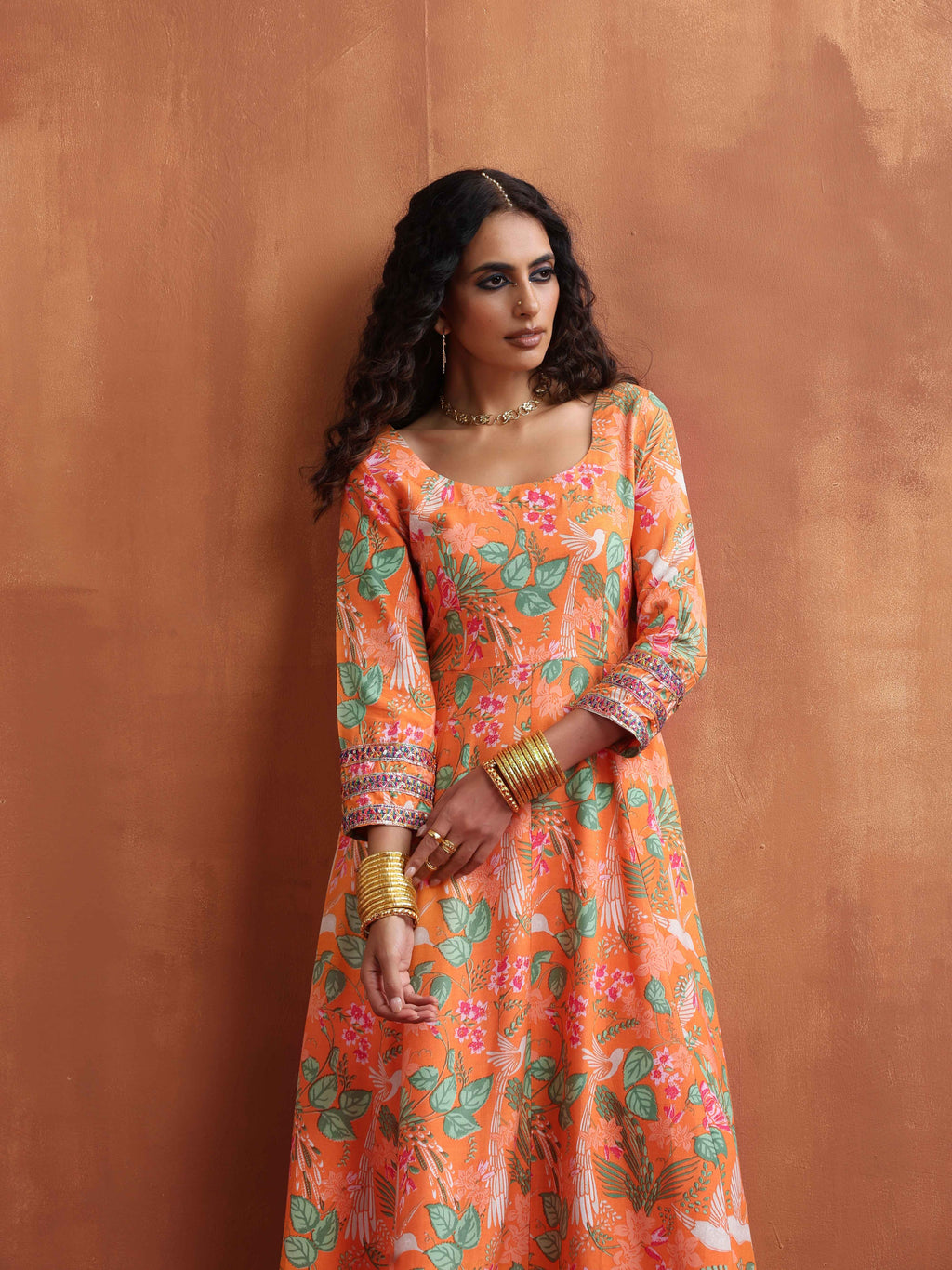 trueBrowns Orange Print Flared Anarkali Kurta Set | Grocsy