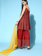 InWeave Women's Maroon Bandhani Net Sharara Set With Dupatta | Grocsy