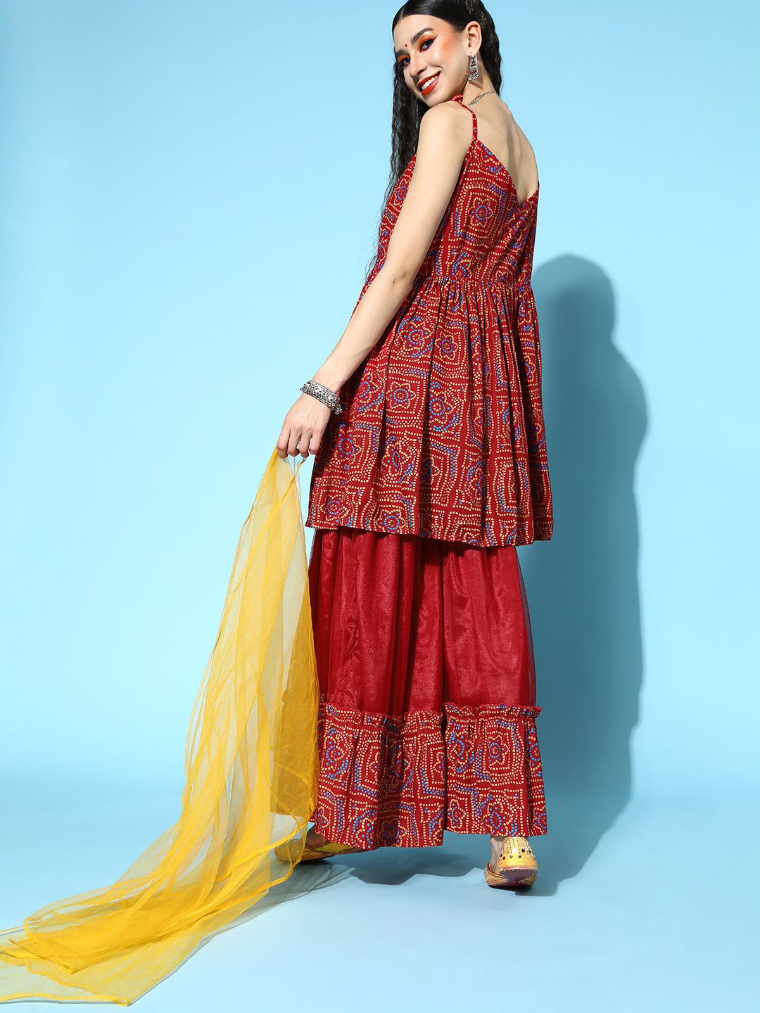 InWeave Women's Maroon Bandhani Net Sharara Set With Dupatta | Grocsy