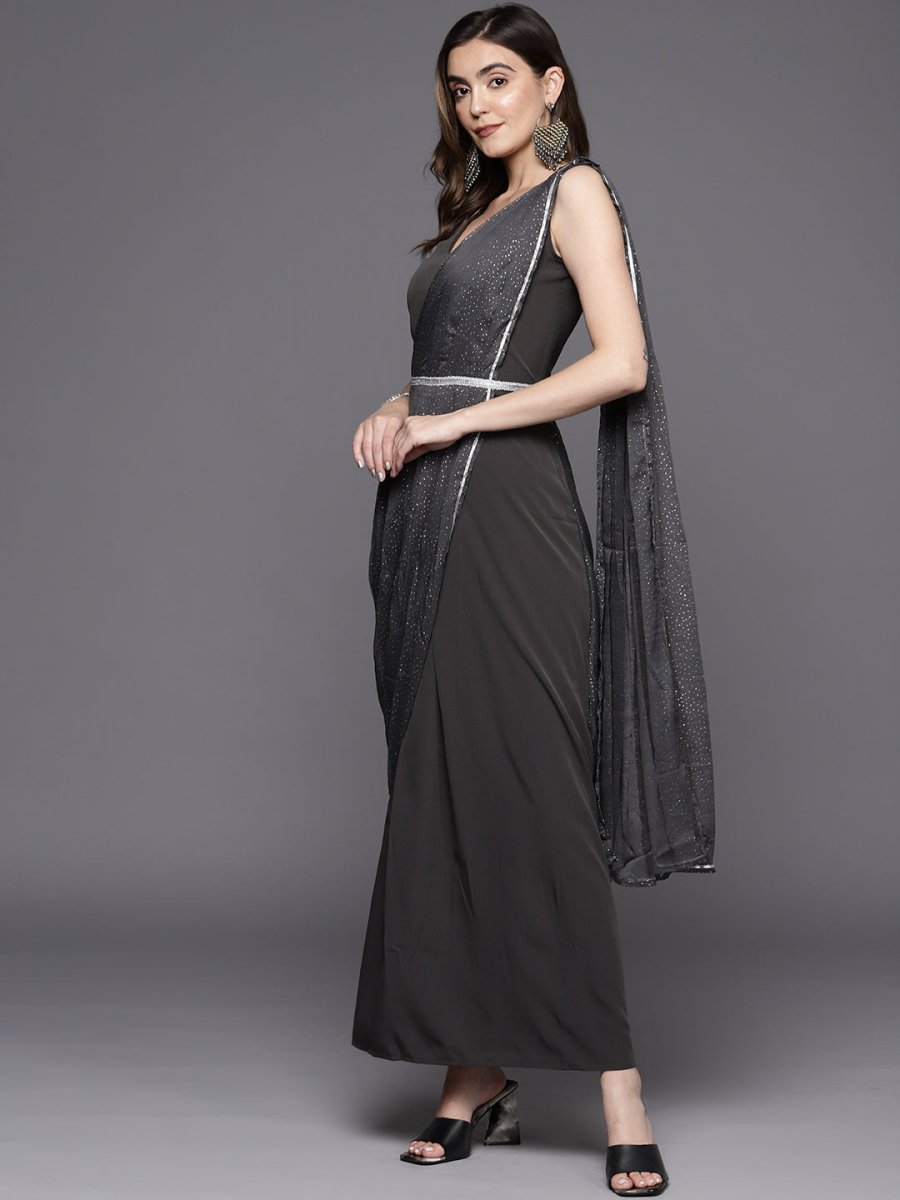 Ahalyaa Abstract Print Layered Crepe Ethnic Dress | Grocsy