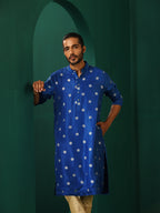 trueBrowns Men's Royal Blue Geometric Floral Viscose Silk Long Kurta | Grocsy
