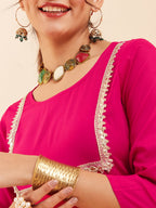 InWeave Women's Fuchsia Round Neck Square Gota Work Kurta Pant Set | Grocsy