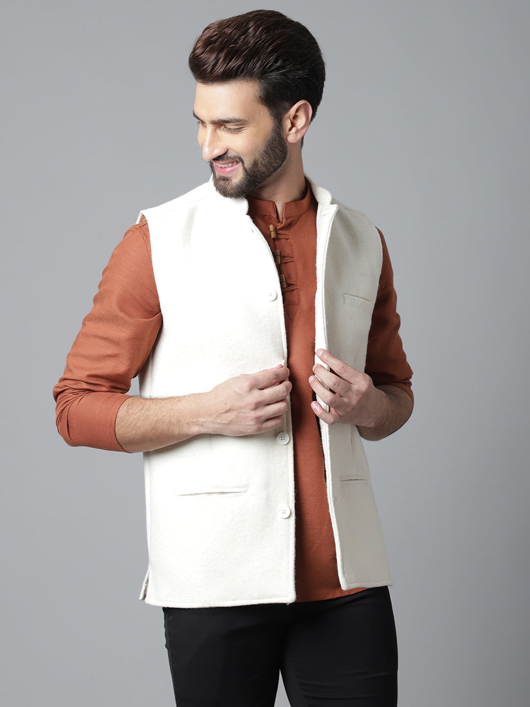 Even Apparels Men's White Pure Wool Nehru Jacket | Grocsy