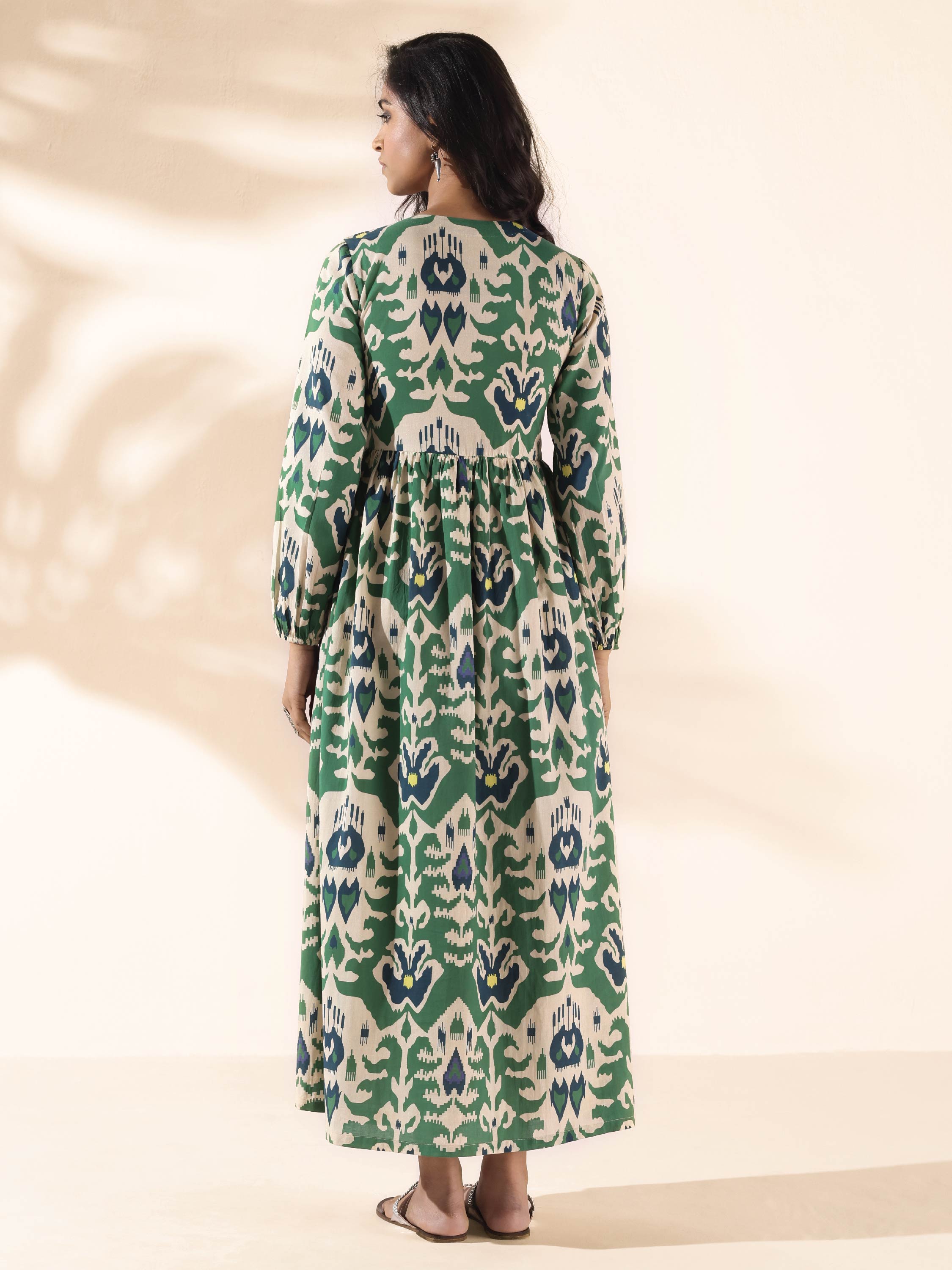 trueBrowns Green Cotton Ikat Flared Dress | Grocsy