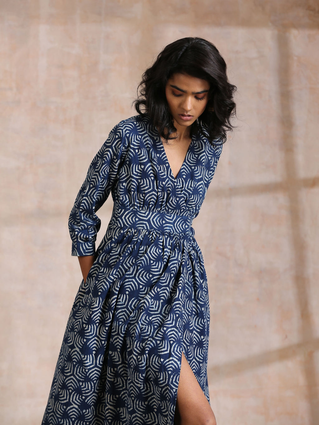 trueBrowns Indigo Dabu Overall Print Cotton Wrap Dress | Grocsy
