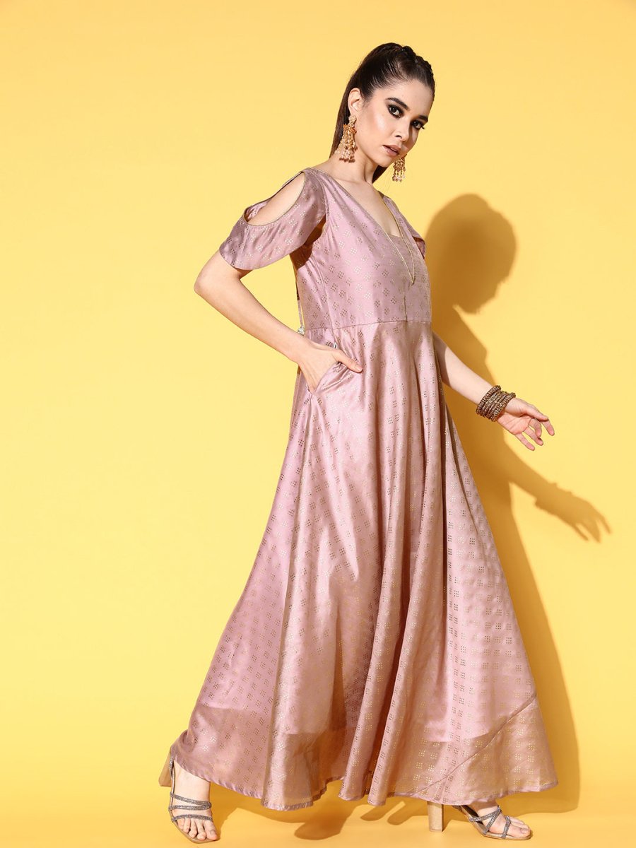 Ahalyaa Chanderi Cold-Shoulders Printed Maxi Ethnic Dress | Grocsy