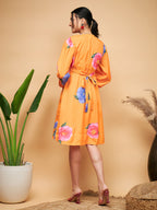 InWeave Women's Haldi Yellow Pink Mauve Flower Belted Dress | Grocsy