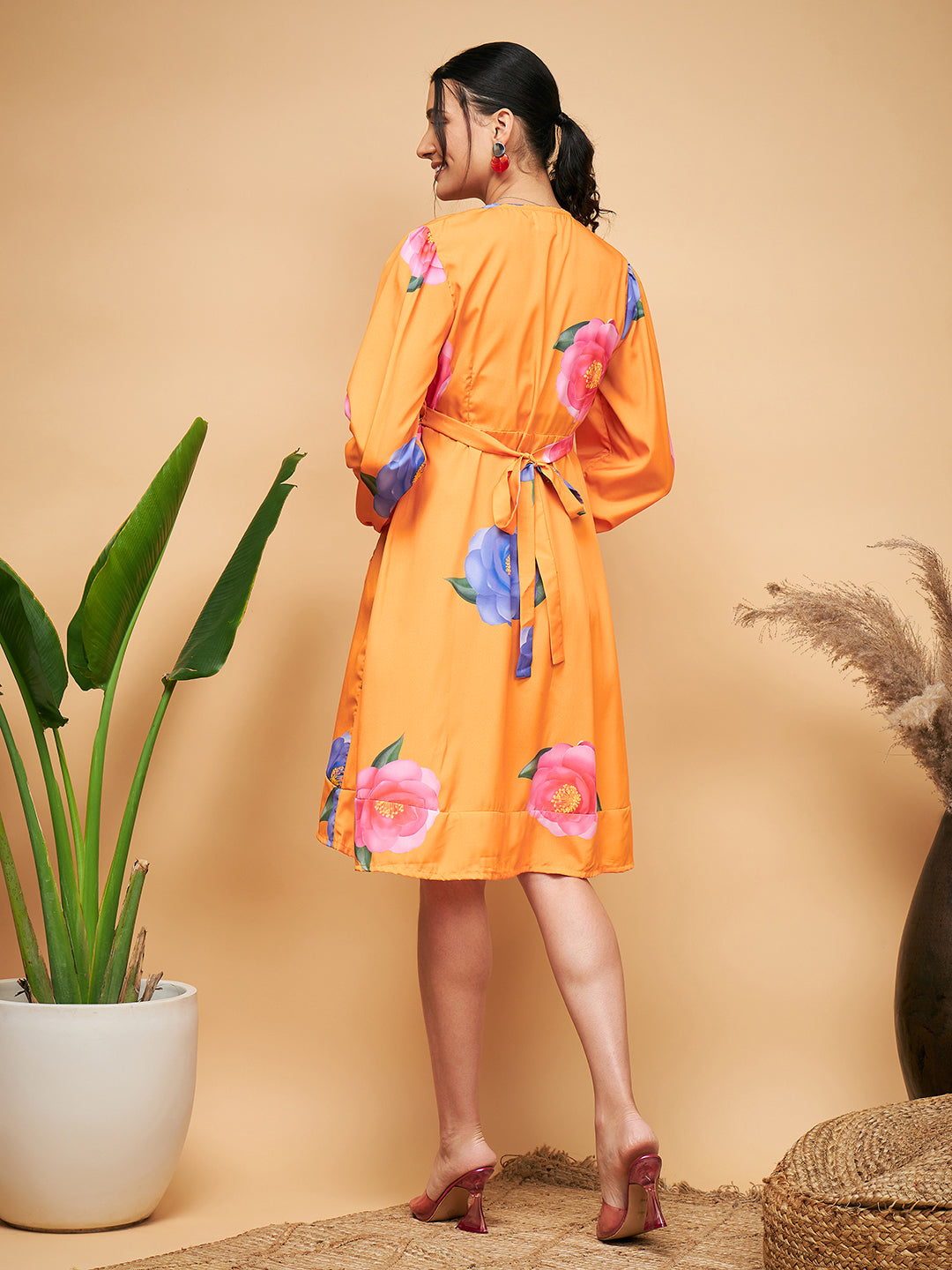 InWeave Women's Haldi Yellow Pink Mauve Flower Belted Dress | Grocsy