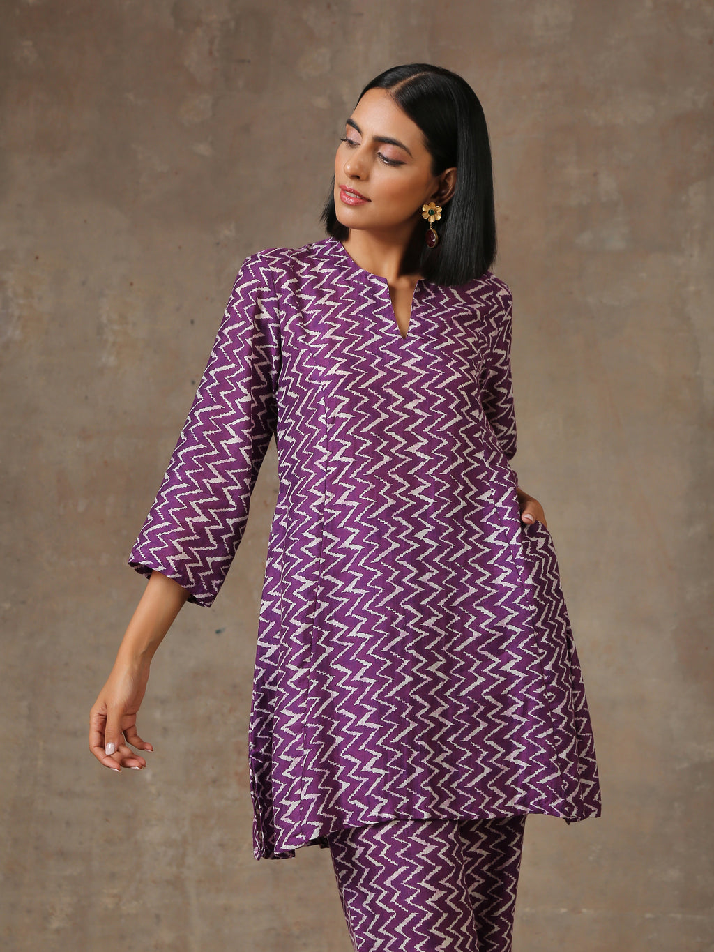 trueBrowns Purple White Lehariya Printed Silk Co-Ord Set | Grocsy