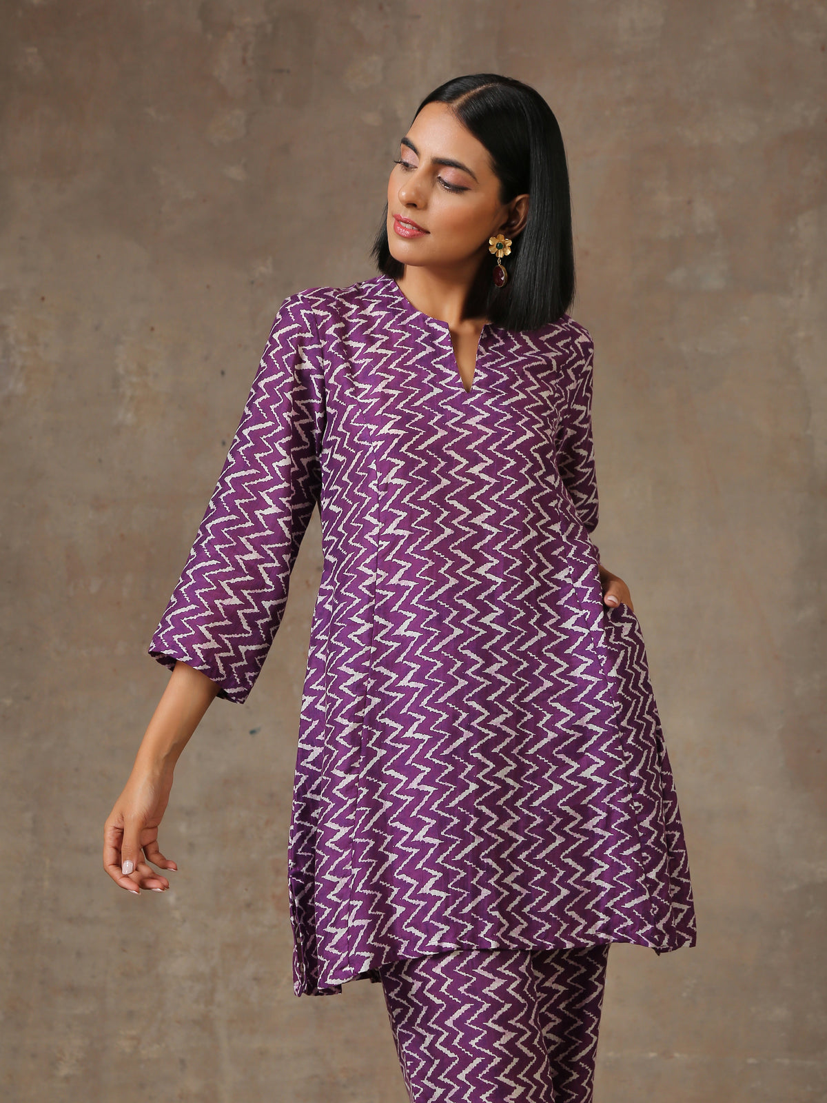 trueBrowns Purple White Lehariya Printed Silk Co-Ord Set | Grocsy