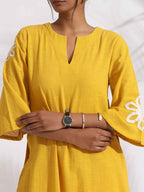 trueBrowns Yellow Cotton Slub Embroidered Straight Kurta Set | Grocsy