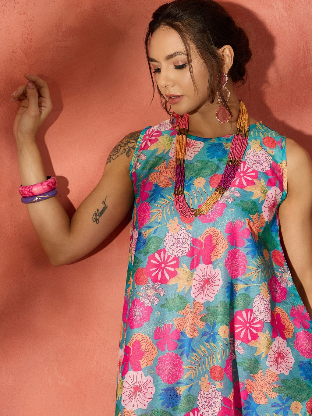 InWeave Blue Floral Fuchsia Asymmetrical Dress | Grocsy