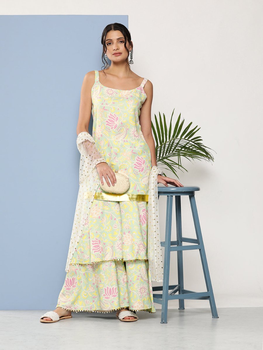 Ahalyaa Women Sea Green Floral Printed Gotta Patti Kurti with Sharara & With Dupatta | Grocsy
